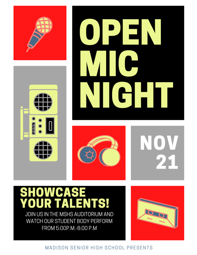 open mic flyer red, grey, black Nov 21 5-8pm