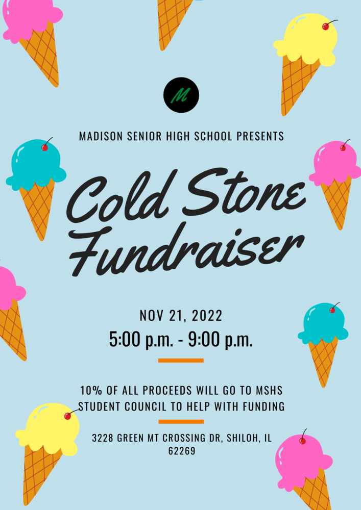 colorful flyer for cold stone fundraiser Nov. 21st 5-9pm
